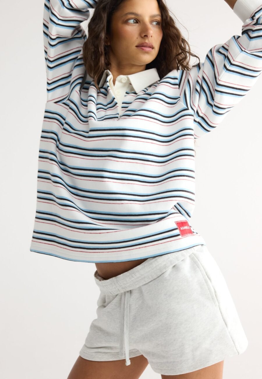 Varsity Oversized Stripe Rugby Sweatshirt - Airy Blue/Marshmallow White