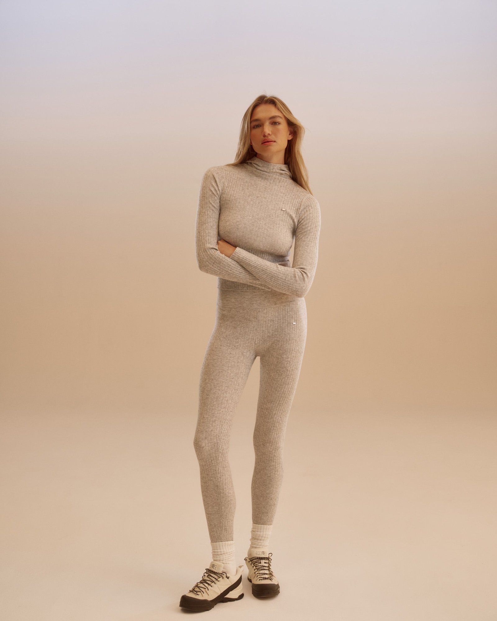 Rib Knit Merino Blend Leggings - Light Grey Melange - Image 2