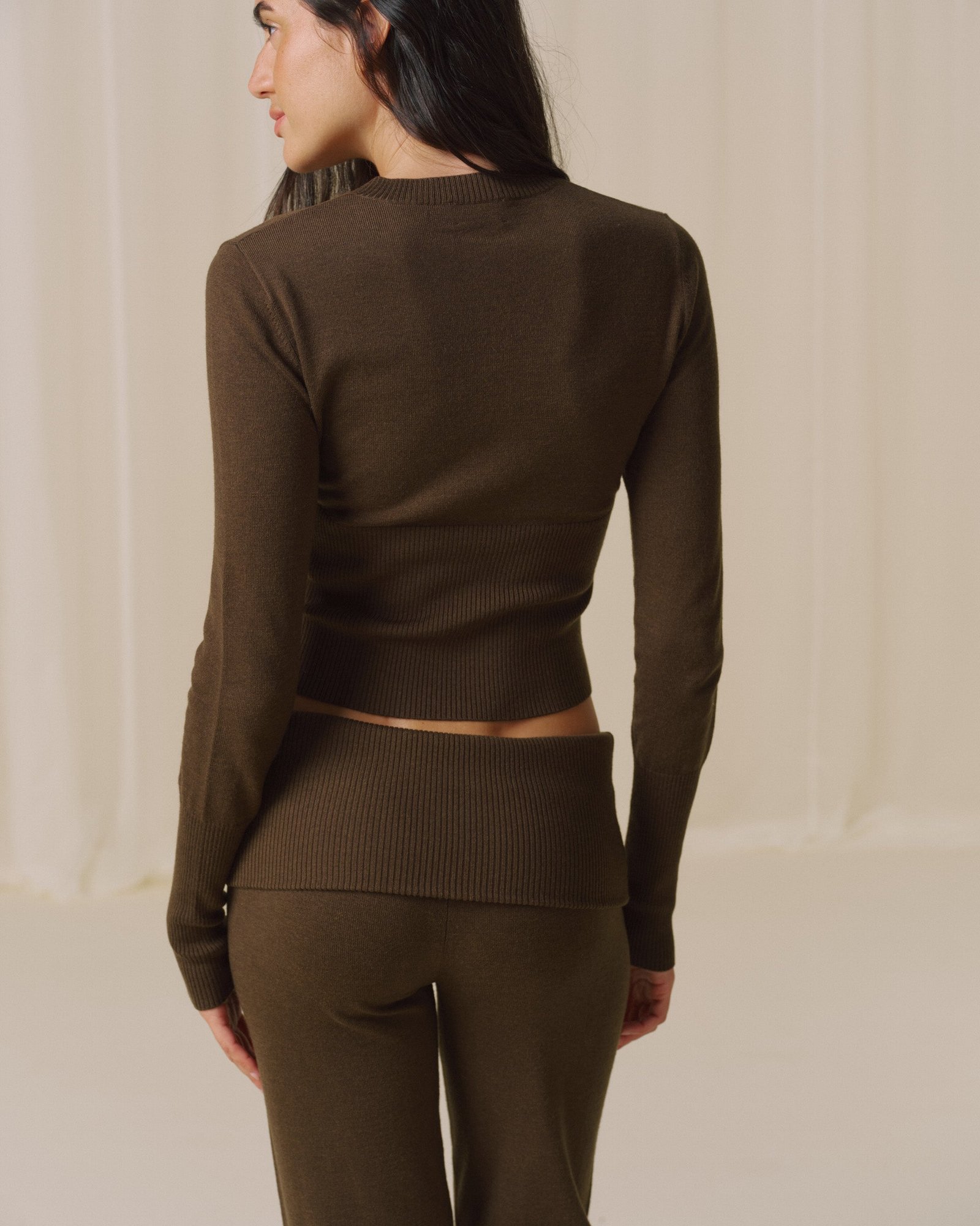 Knit Fold Over Trousers - Dark Mocha Brown - Image 5