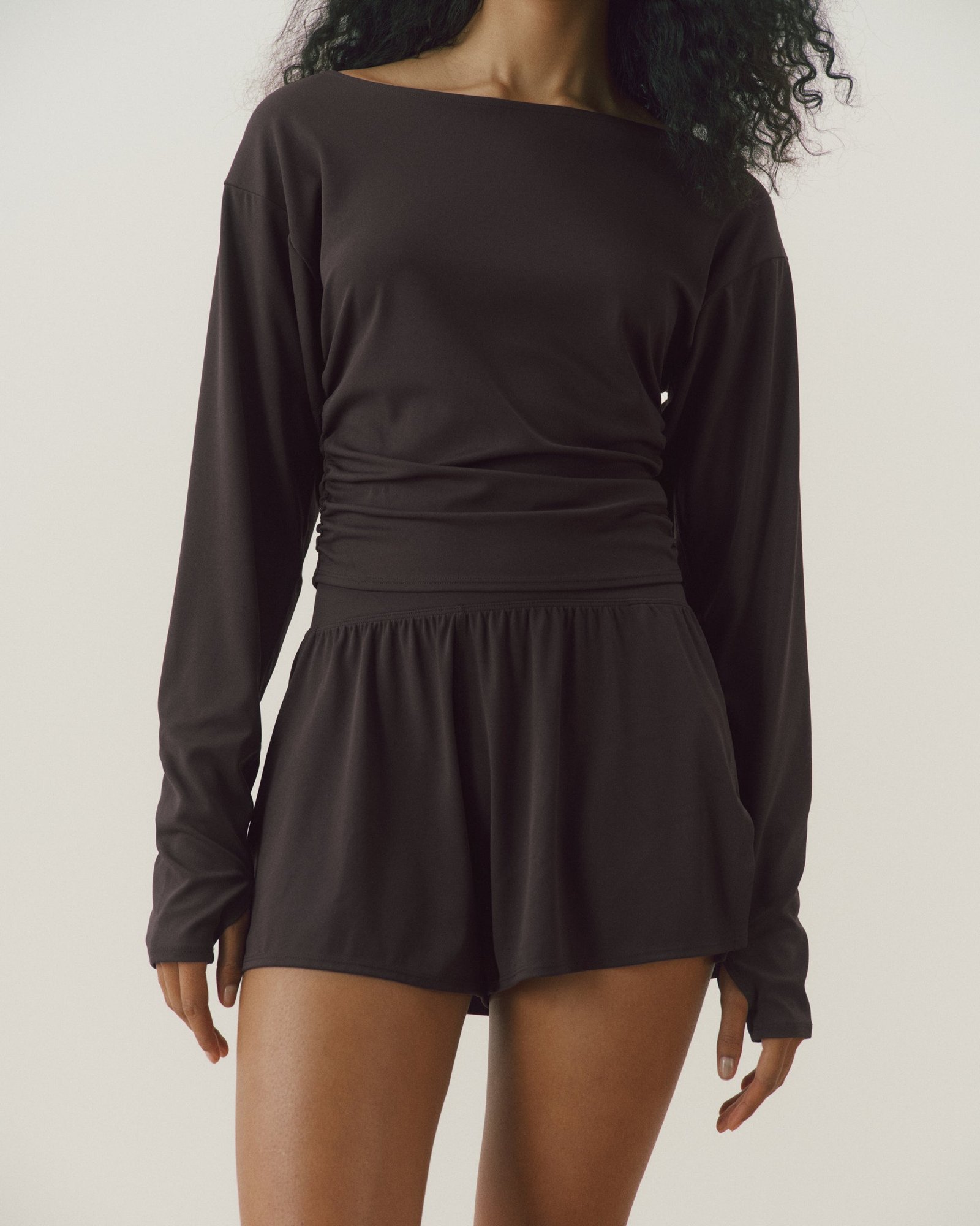 Long Sleeve Ruched Side Top - Coffee Bean - Image 4