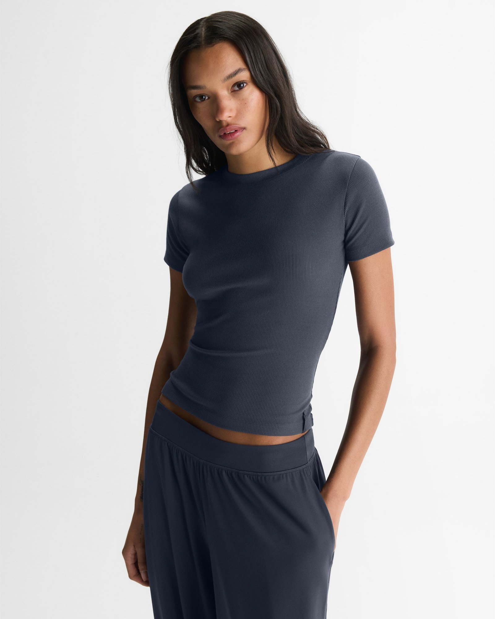 Modal Soft Rib Short Sleeve Top - Midnight Blue - Image 2