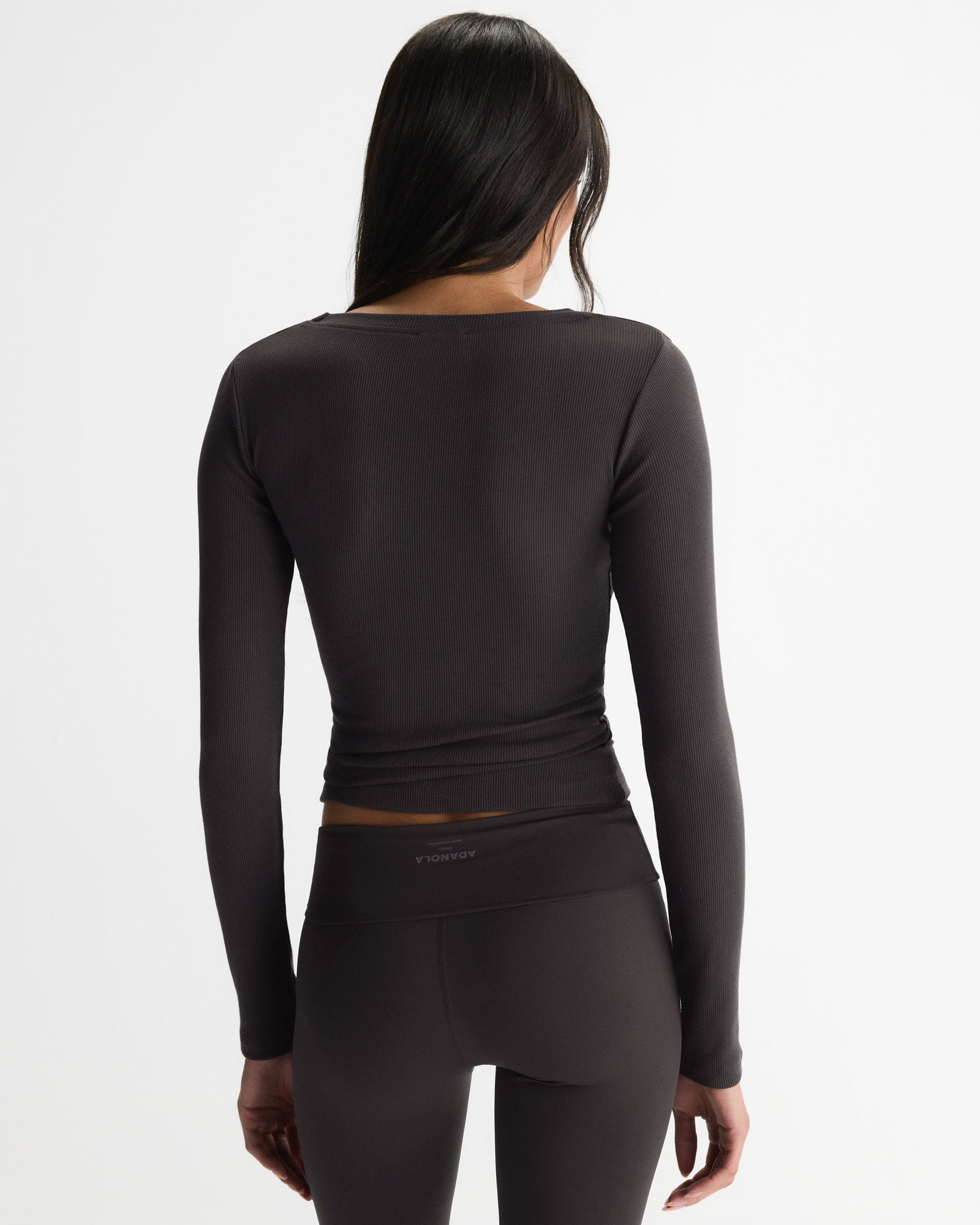 Modal Soft Rib Scoop Neck Long Sleeve Top - Coffee Bean - Image 2